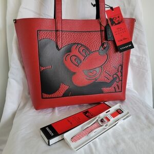 Coach Disney Mickey Mouse x Keith Haring Bag Purse Tote + Swatch Watch NWT